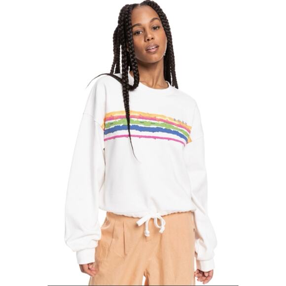 Roxy Stay Salty White Sweatshirt Abstract Rainbow Stripes Drawstring Hem XL Crew - Picture 1 of 7